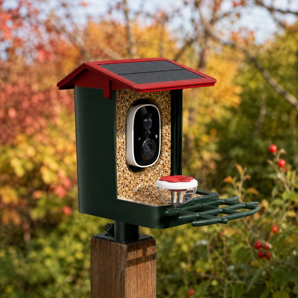 Smart bird feeder with a built in camera mounted on a wooden garden post