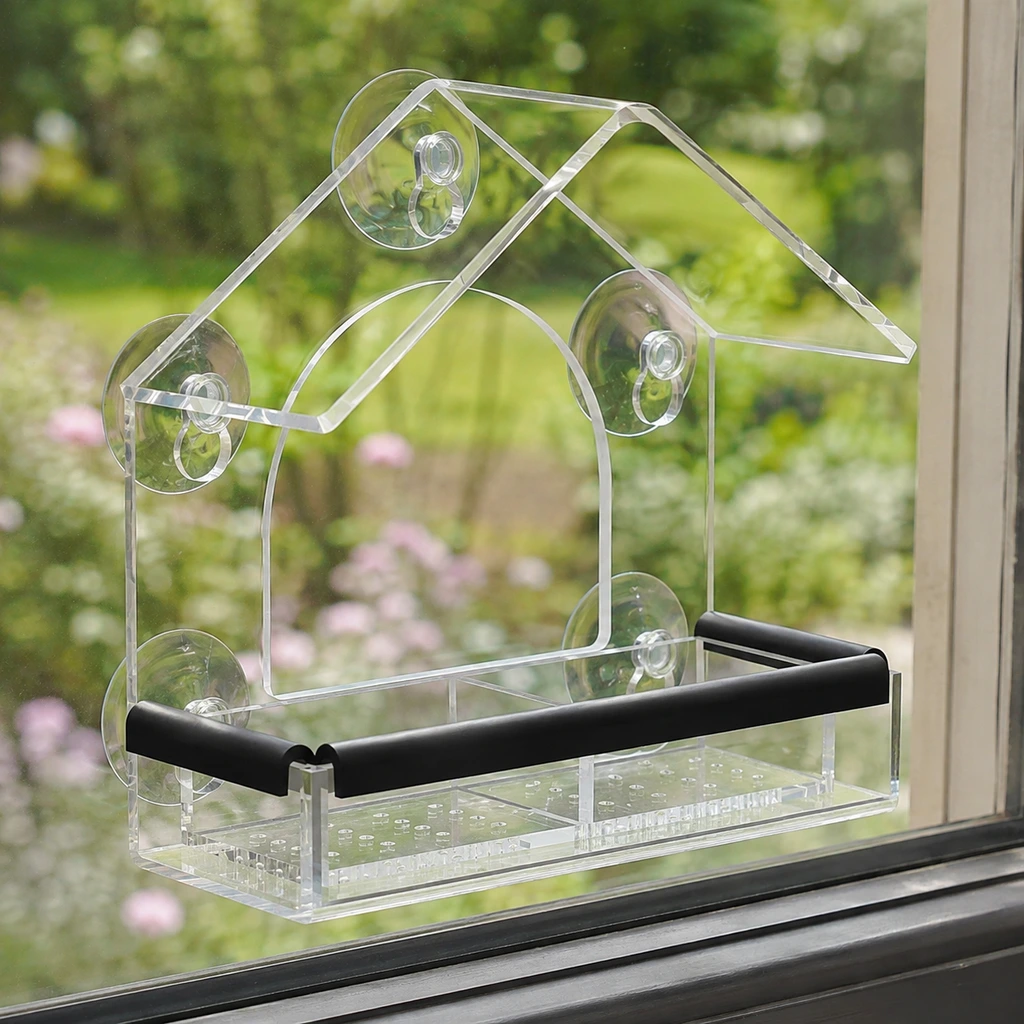 Clear acrylic window bird feeder suction mounted on glass above a green garden