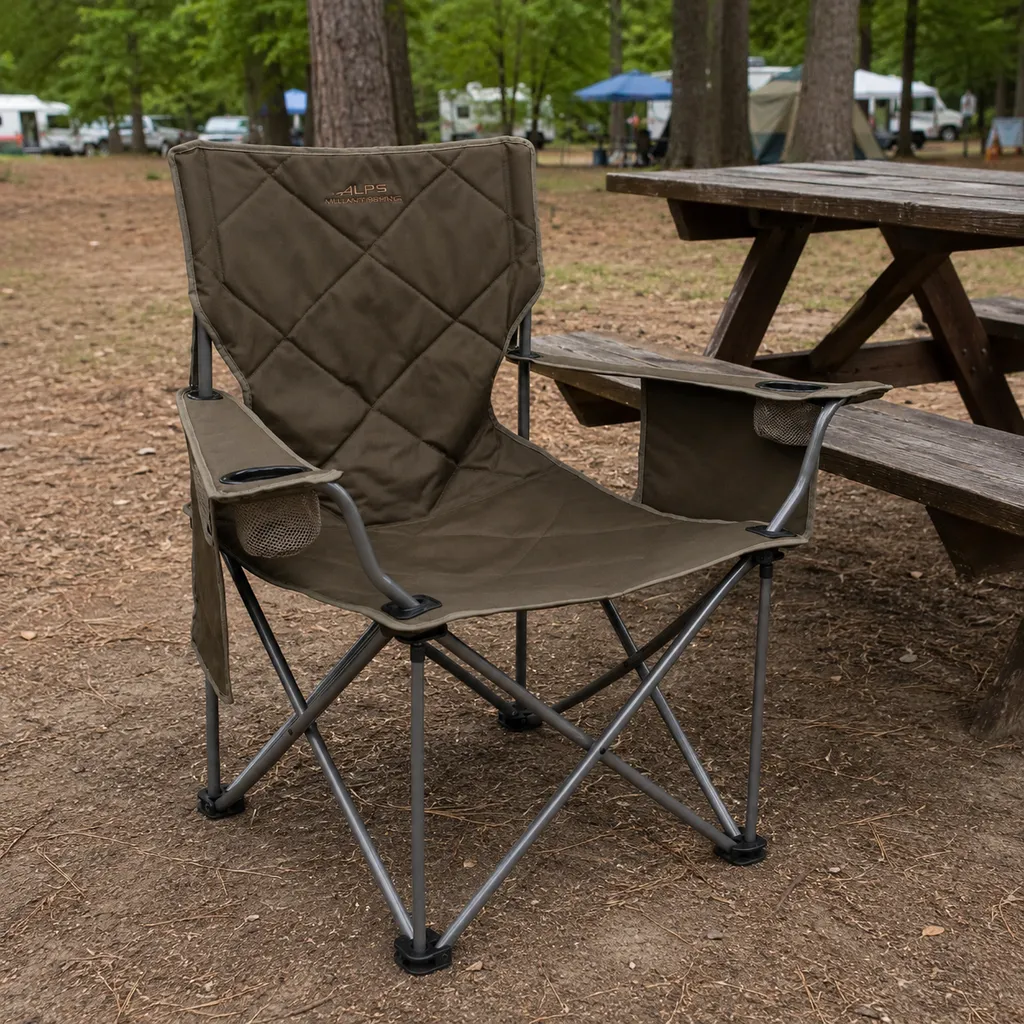 ALPS Mountaineering King Kong heavy duty chair beside a wooden picnic table