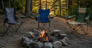 Camping chairs arranged around a fire ring at a forest campsite at golden hour