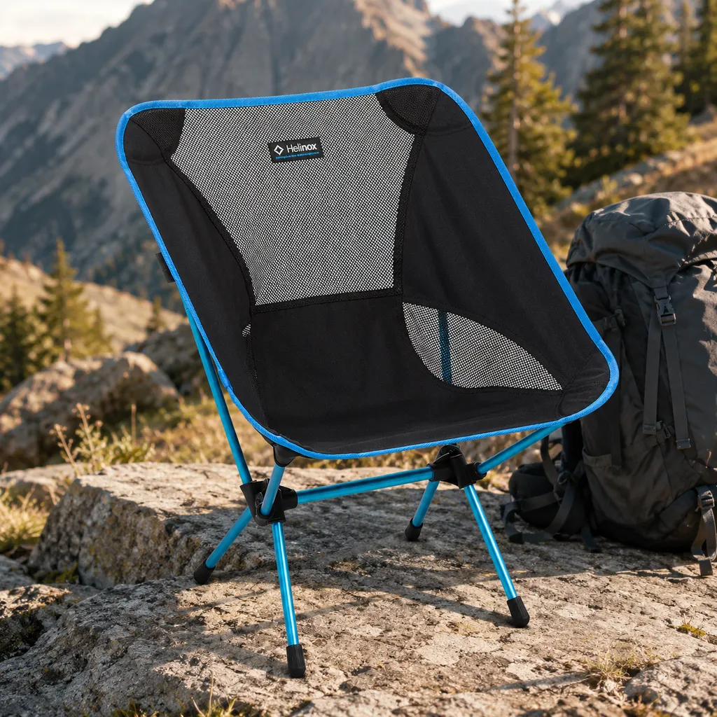 Helinox Chair One ultralight backpacking chair on a granite slab beside a pack