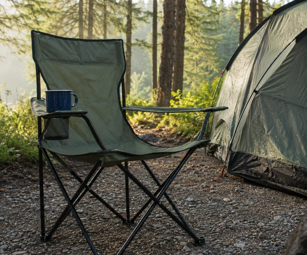 One of the best camping chairs set up beside a tent at a quiet forest campsite