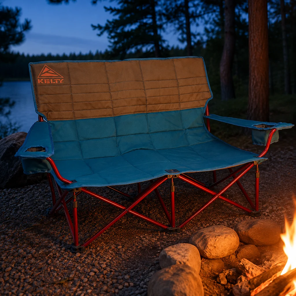 Kelty Lowdown low camping chair beside a stone fire ring at dusk