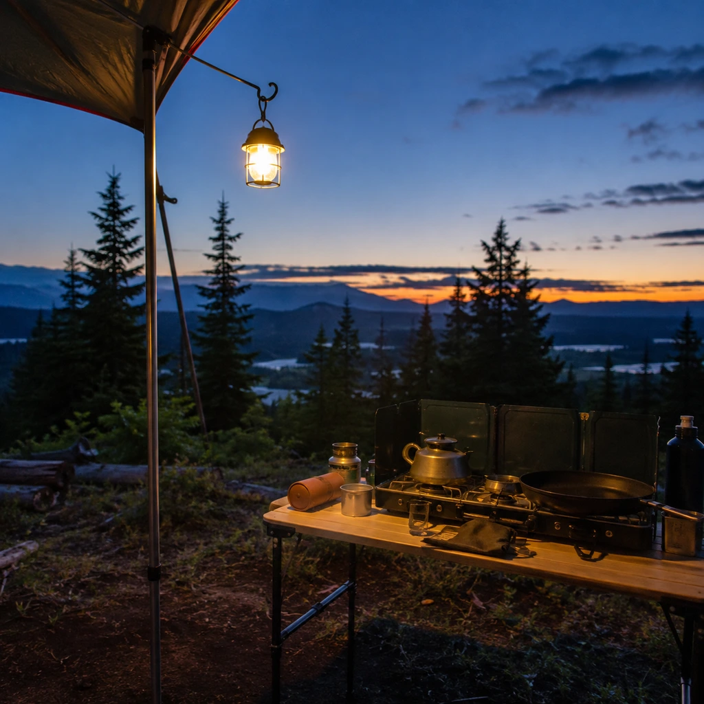 Bright lantern hung from an awning pole lighting a camp kitchen at blue hour