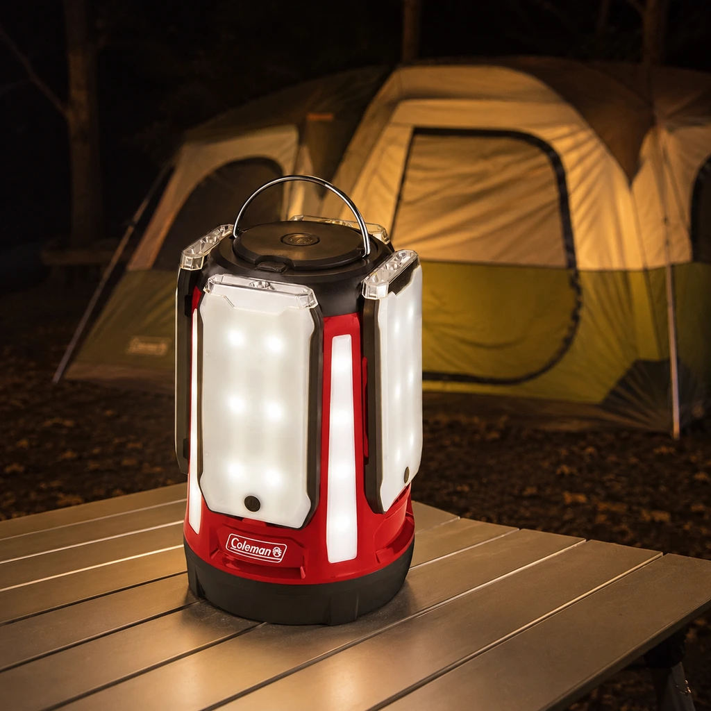 Coleman Multi-Panel LED lantern with detachable light panels on a camp table