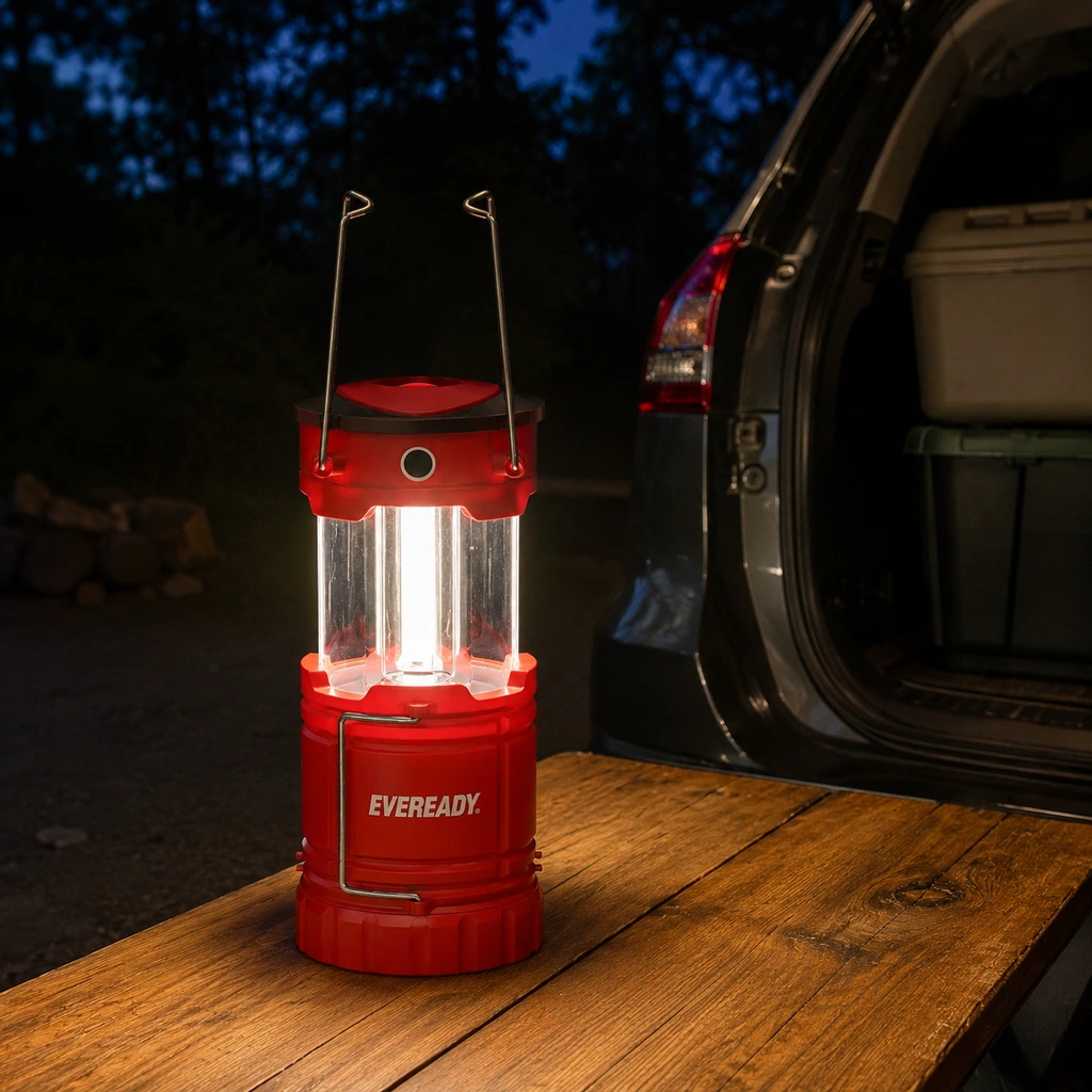 Eveready 360 PRO collapsible lantern lit on a table beside a car at night