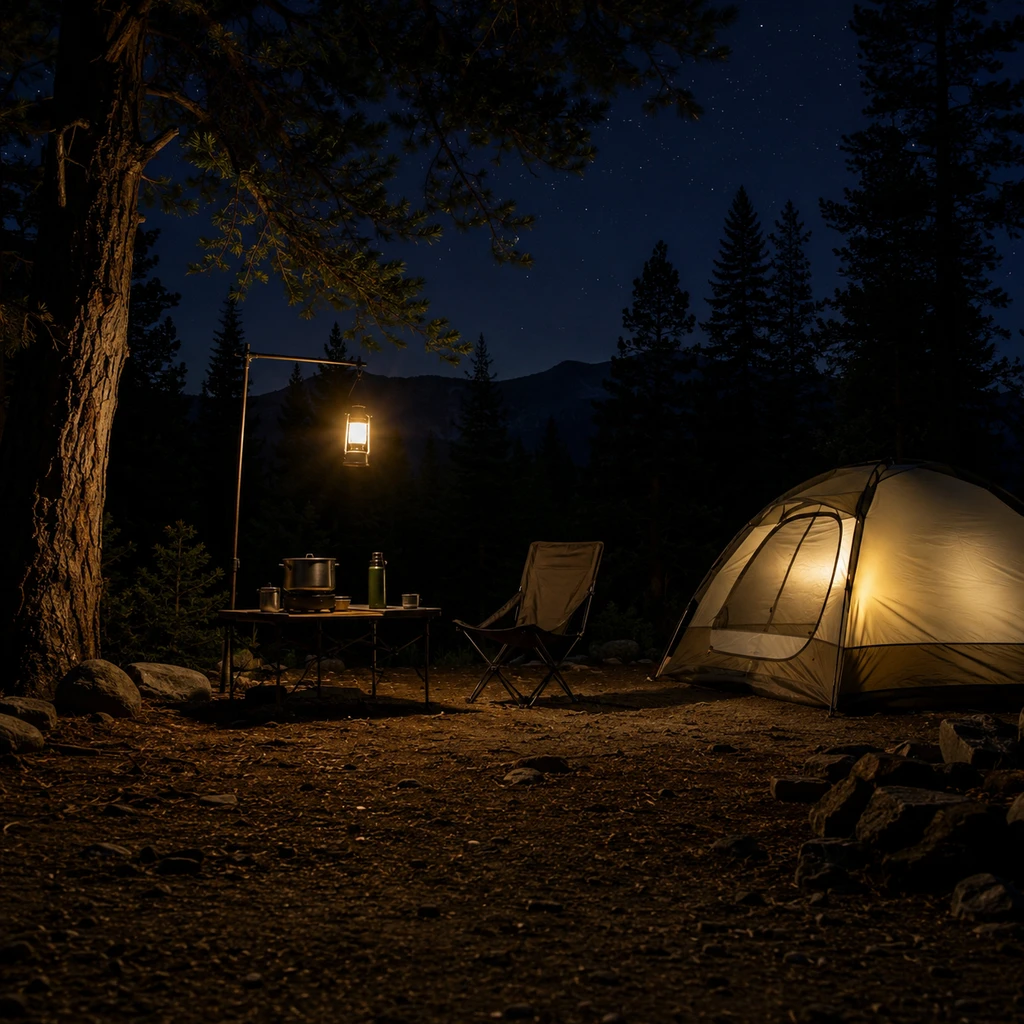 Camping lantern above a table with a camp chair and a warmly lit tent at night