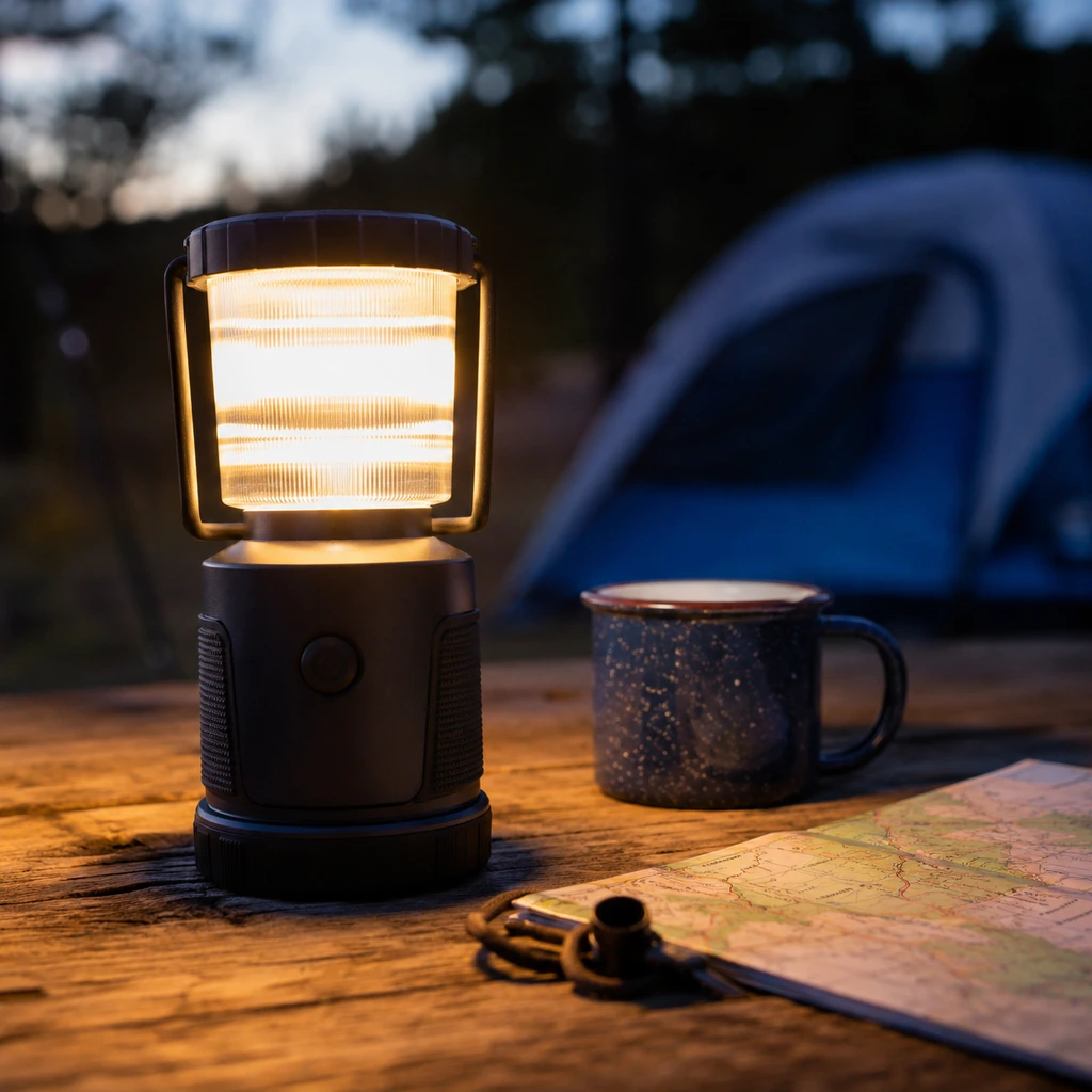Testing one of the best camping lanterns on a picnic table at dusk