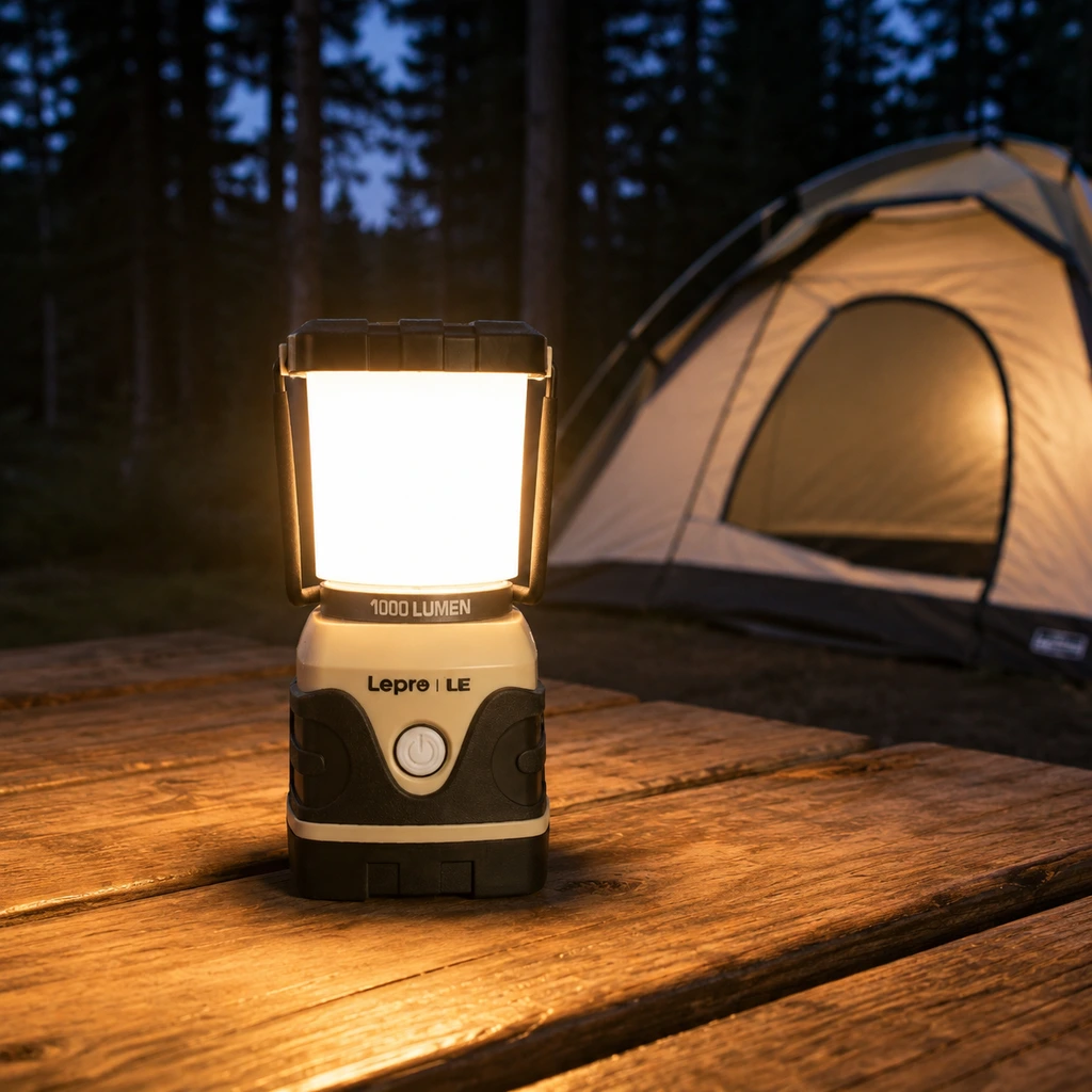 Lepro 1000LM LED camping lantern lit on a picnic table at a forest campsite