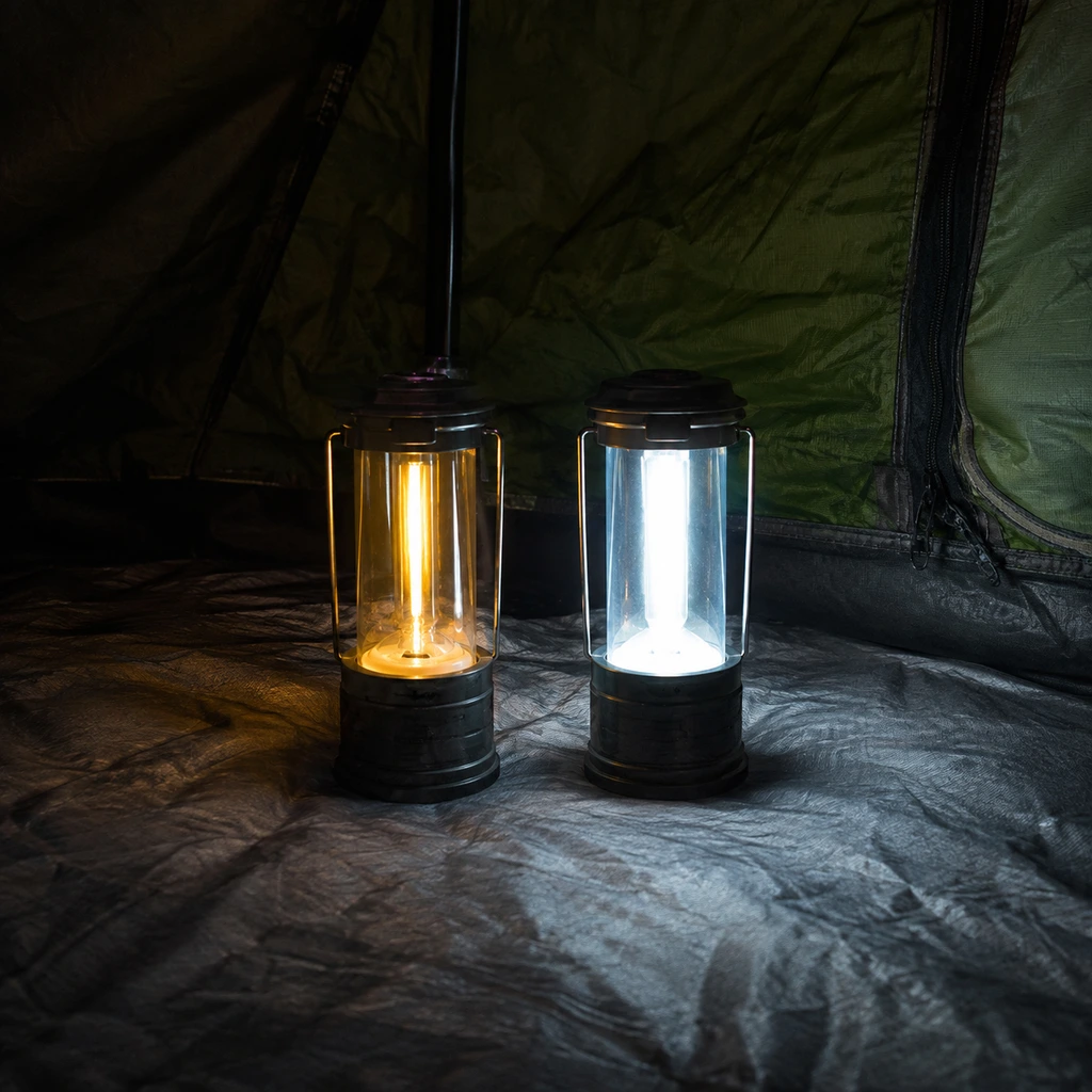 Two lanterns side by side showing dim warm light next to bright white light