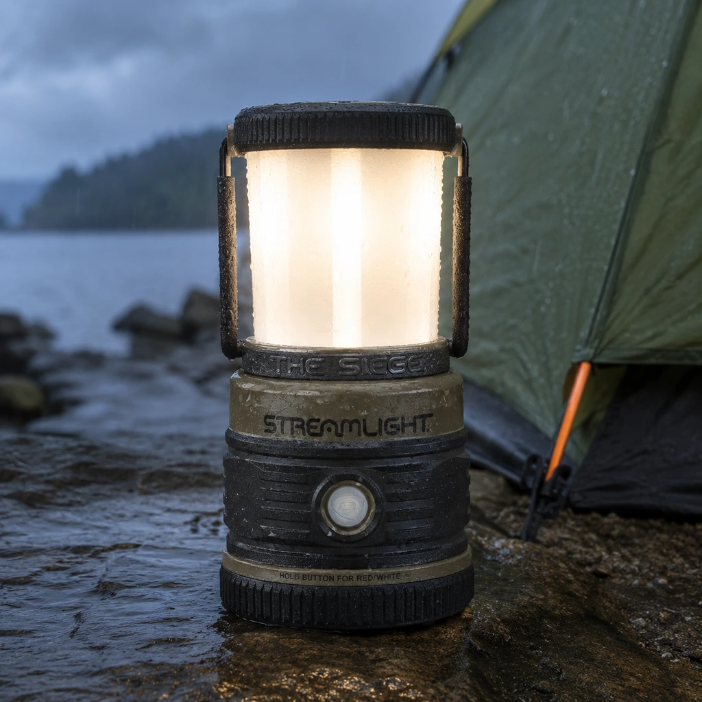 Streamlight Siege Compact lantern on wet rock beside a tent in light rain