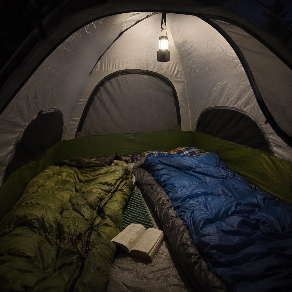 Small lantern clipped to a tent ceiling loop lighting sleeping bags and a book