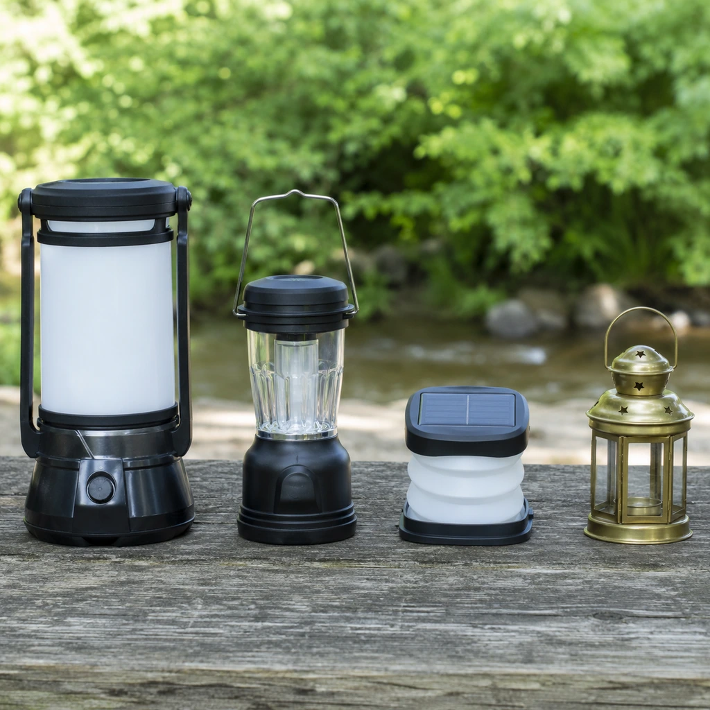 Rechargeable, battery, solar and candle lanterns lined up on a wooden table