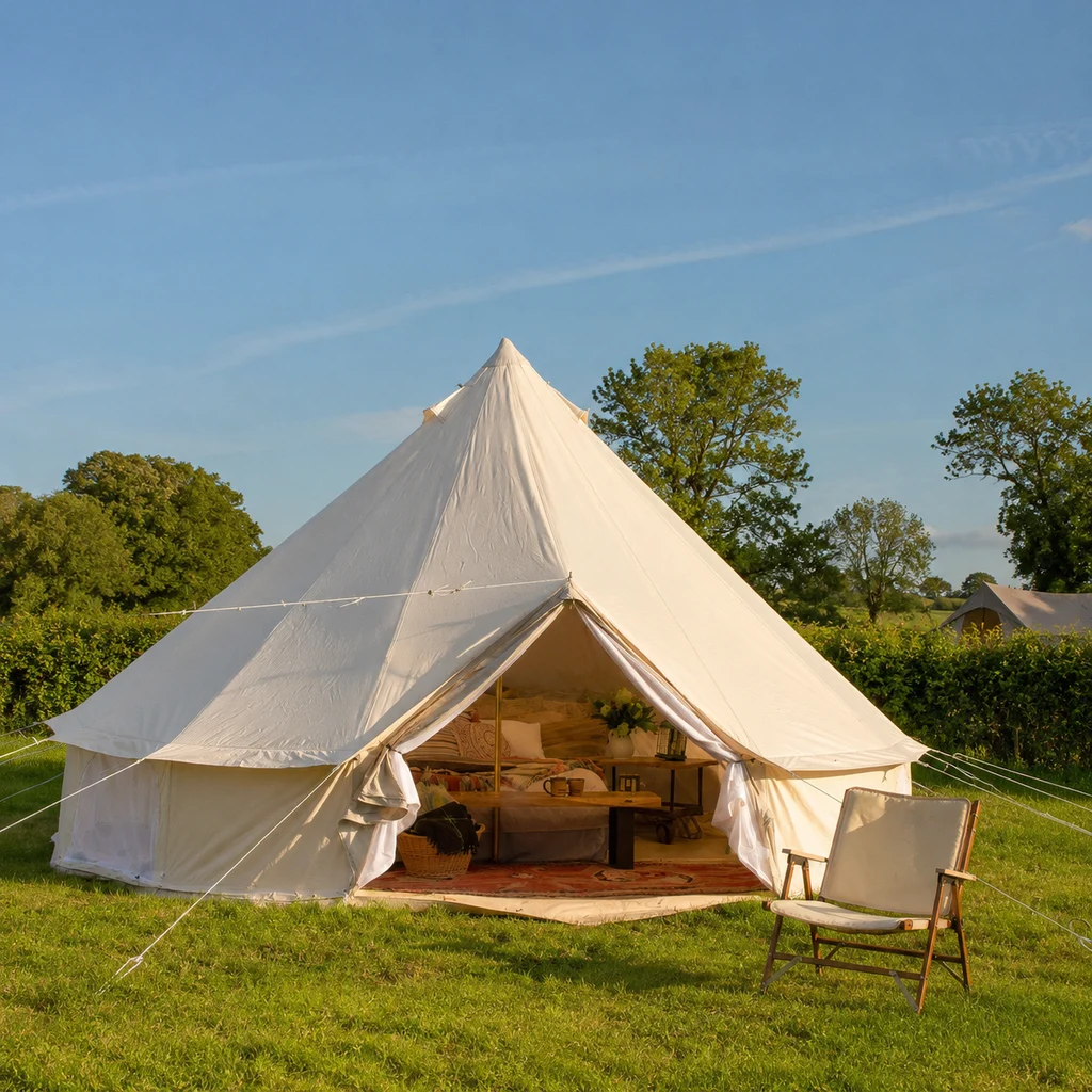 Dream House cotton canvas bell tent on a mown campsite pitch in late afternoon sun