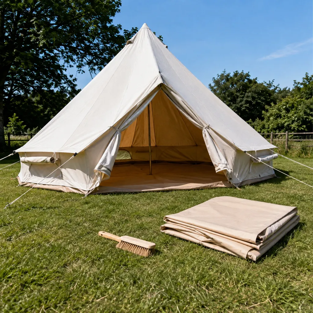 Cotton canvas bell tent drying on a lawn with sidewalls rolled up and a brush beside it