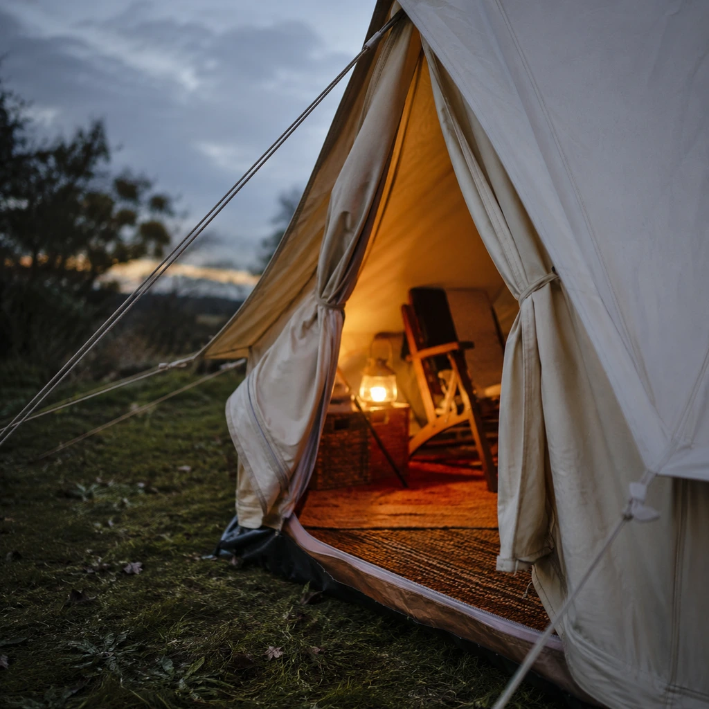 Comparing the best canvas tents at the lit doorway of a cream bell tent at dusk
