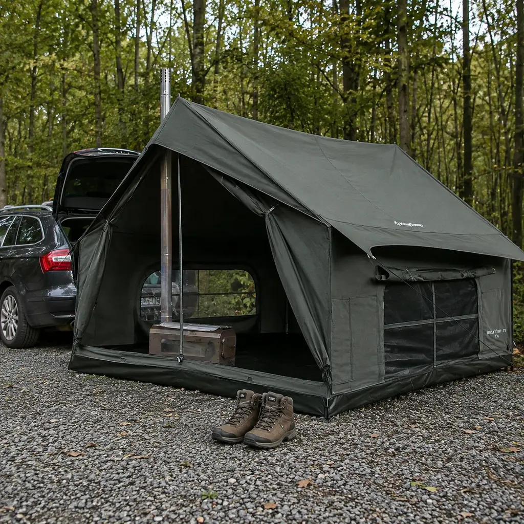 KingCamp canvas hot tent pitched on gravel beside a car with both doors open