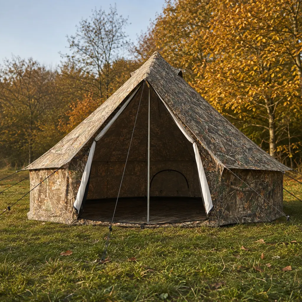 WHITEDUCK Regatta bell tent in the camo colourway pitched on grass in morning light