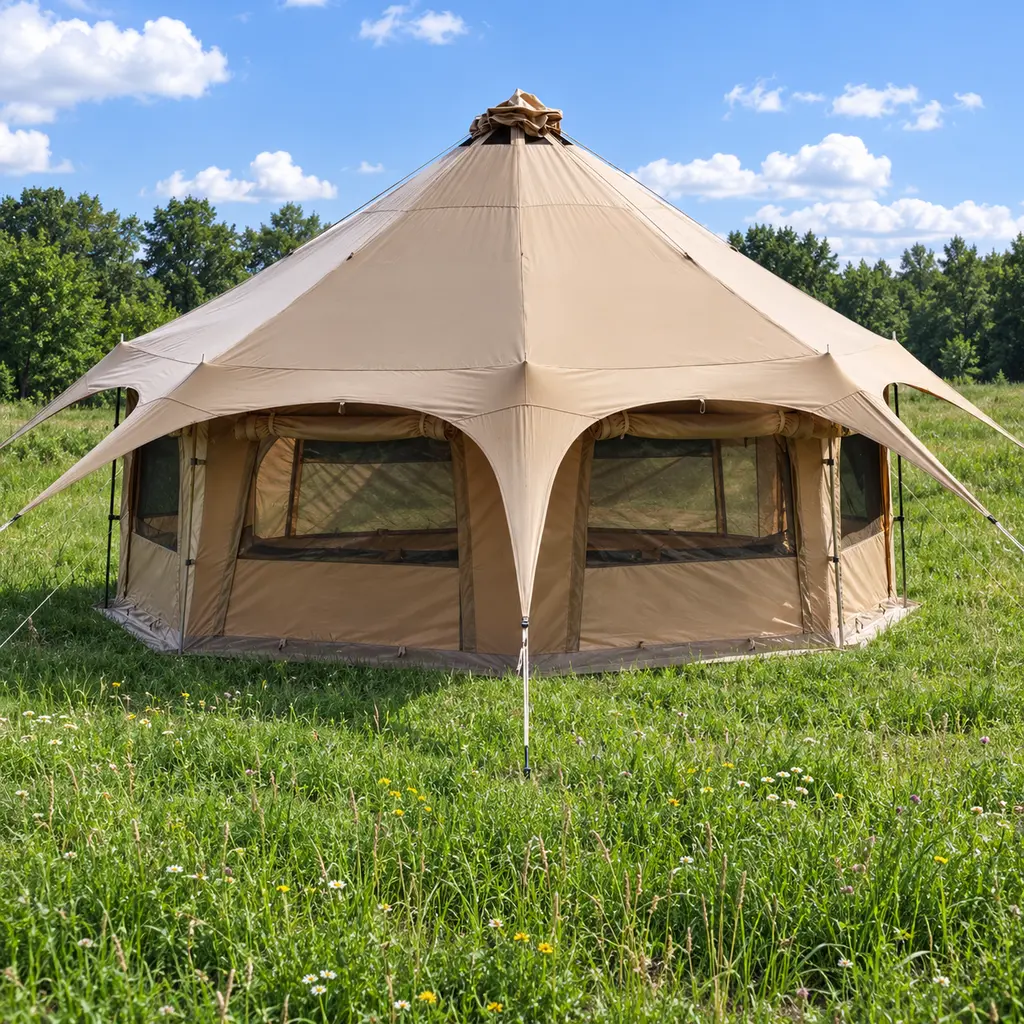 MC TOMOUNT 16 foot bell tent in a meadow with several mesh door panels rolled open