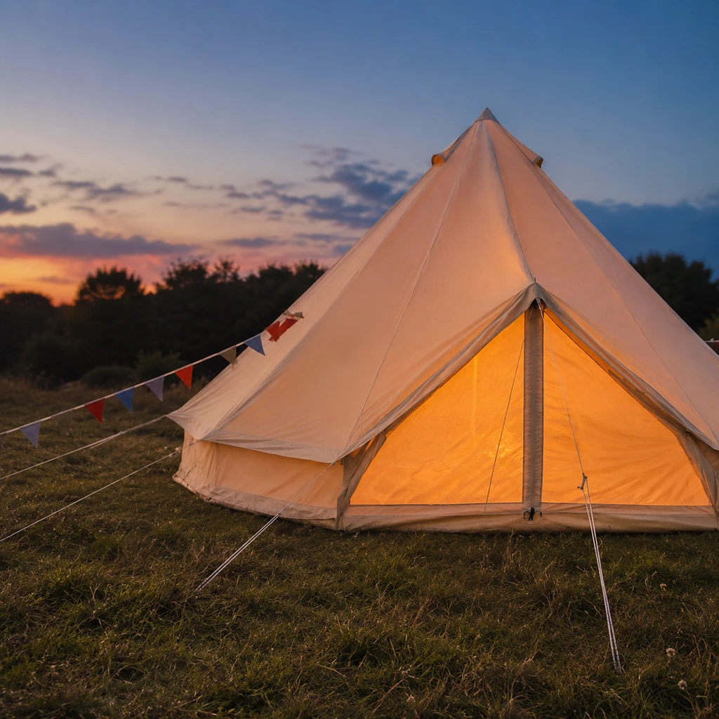 UNISTRENGH canvas bell tent glowing warmly at dusk set up as a long stay base camp