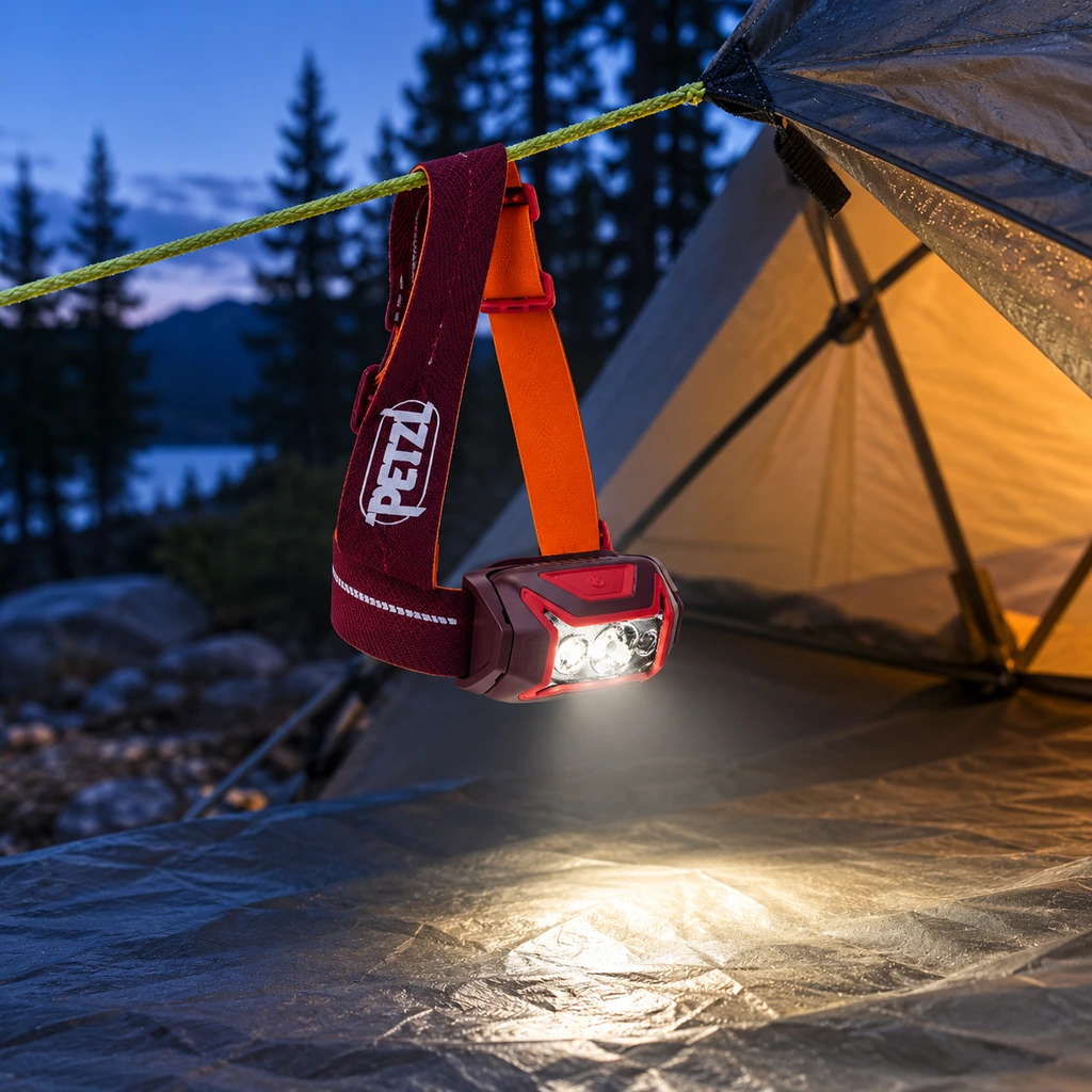 Petzl ACTIK CORE headlamp hanging lit from a tent guyline at blue hour