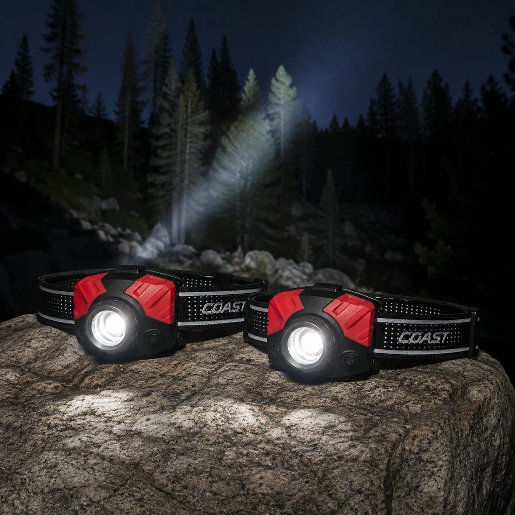Coast FL75 headlamp on a granite boulder with its focused beam cutting into dark pines