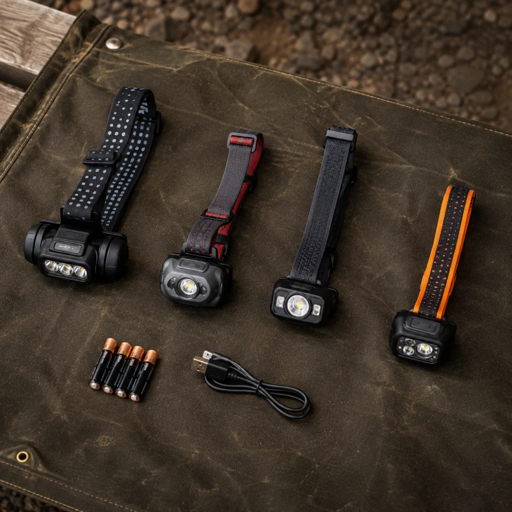 Four camping headlamps laid out in a row beside AAA batteries and a charging cable