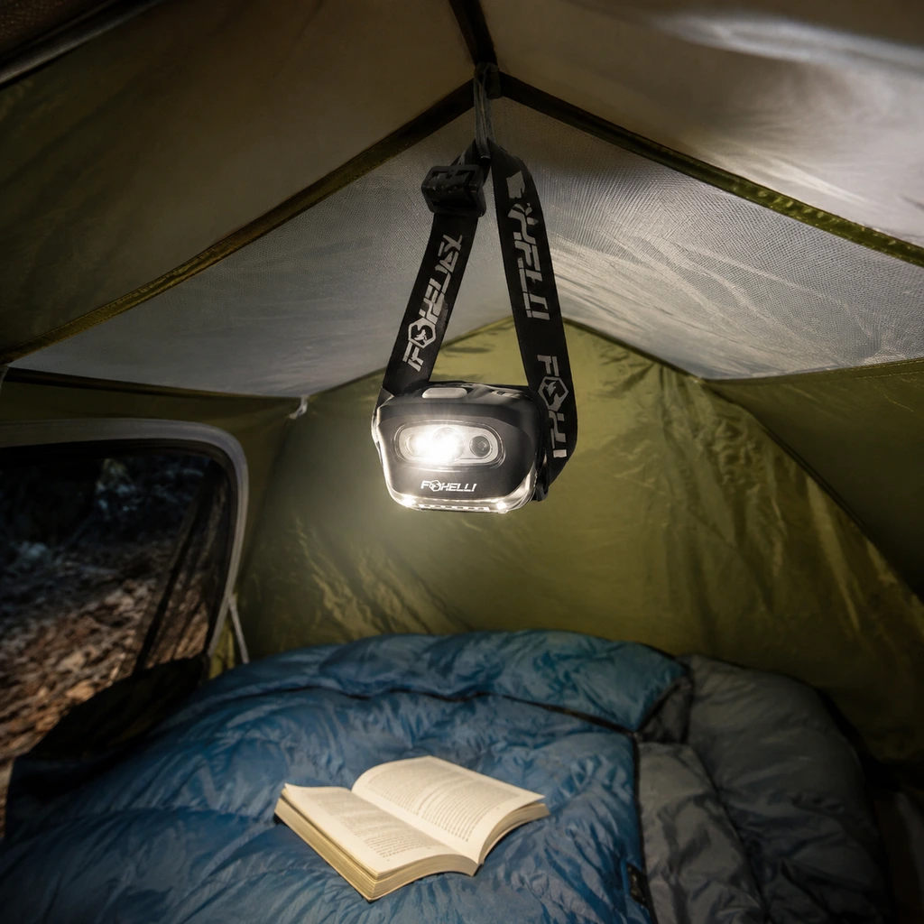 Foxelli headlamp hung from a tent ceiling loop lighting a sleeping bag and a book