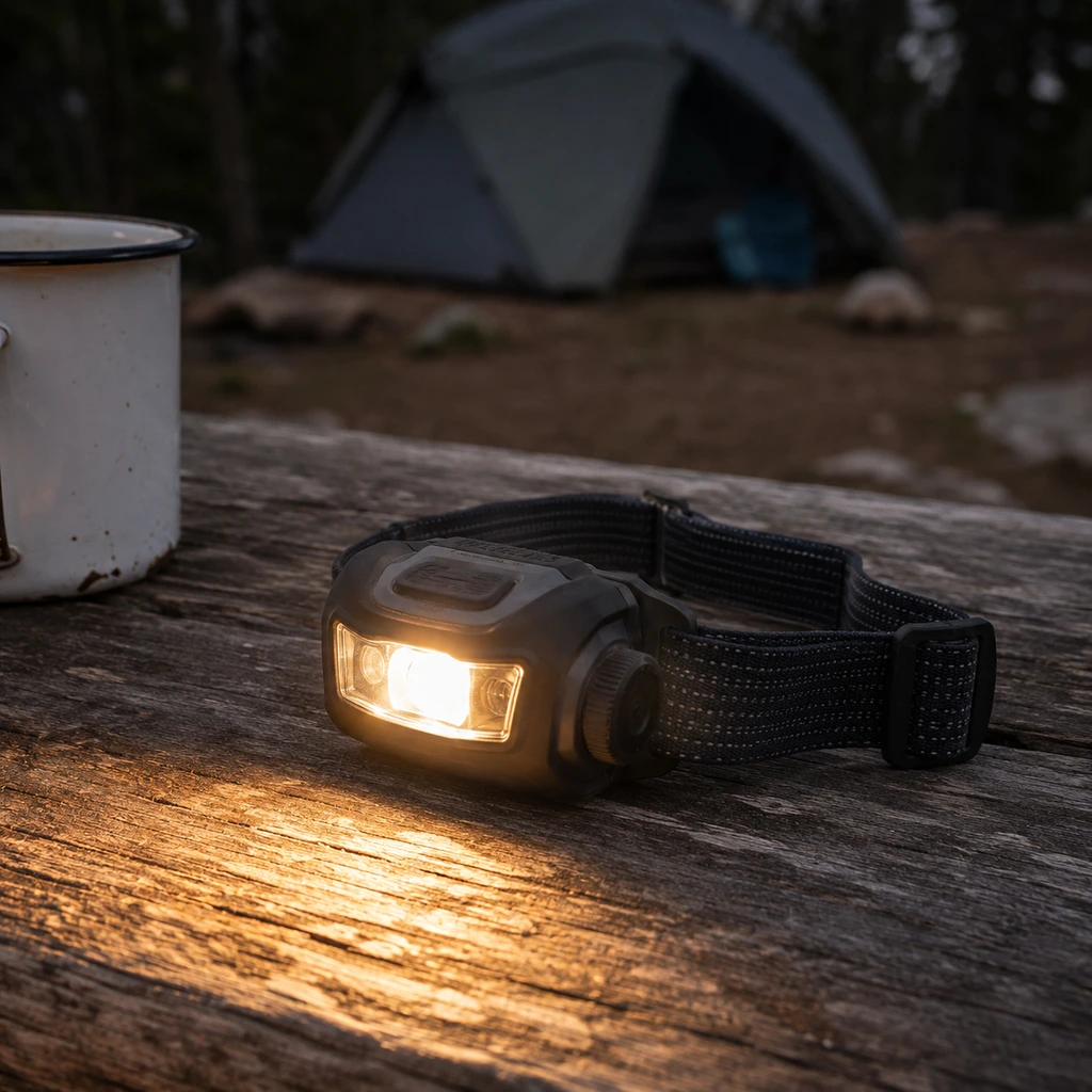 Testing the best headlamps for camping on a wooden camp table at dusk