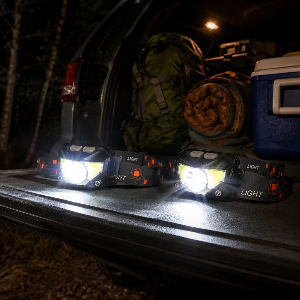 LHKNL rechargeable headlamp lit on an open car tailgate at a campsite at night