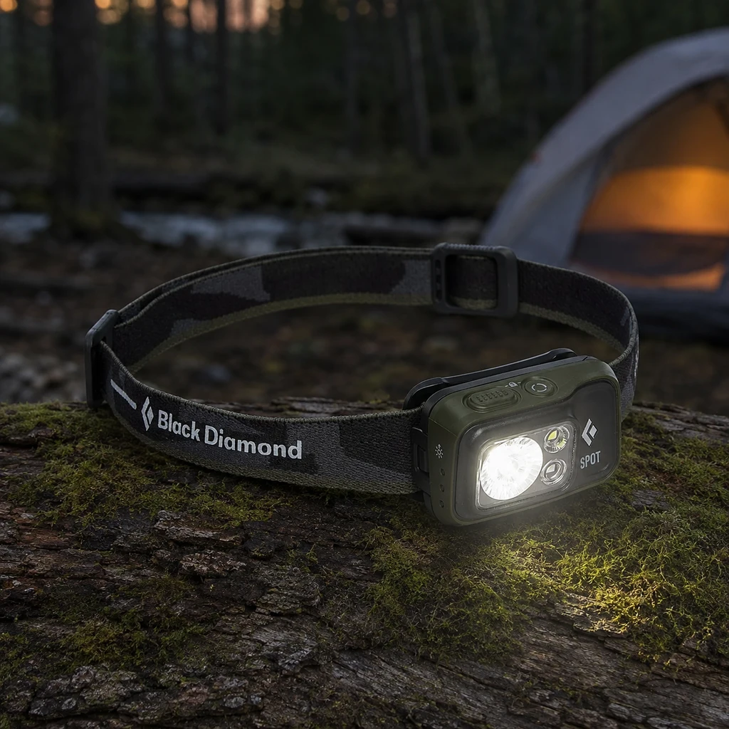 Black Diamond Spot 400 headlamp lit on a mossy log at a forest campsite at dusk