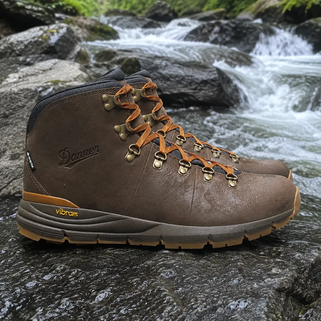 Danner Mountain 600 boots on wet dark granite beside a rushing mountain stream