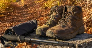 Waterproof mid cut hiking boots on a granite slab beside an autumn leaf covered trail