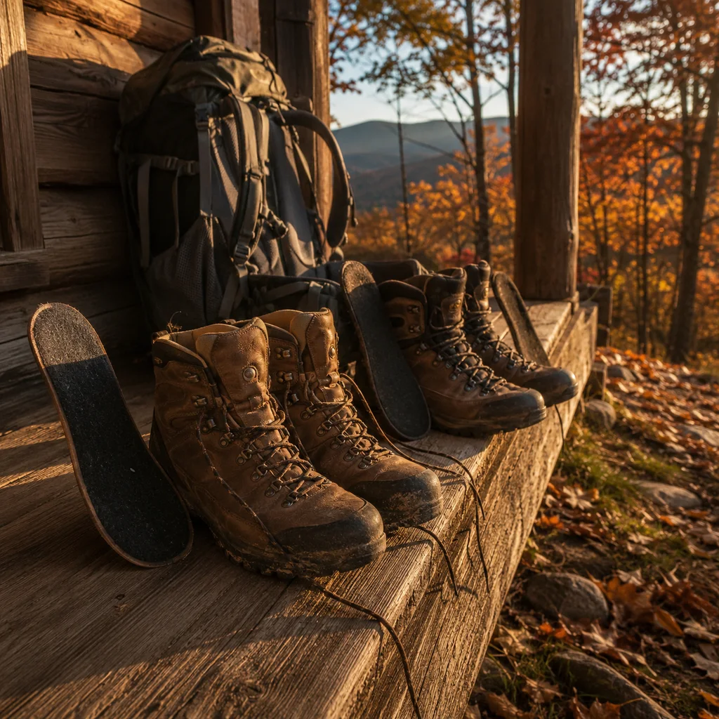 Two pairs of hiking boots drying on a cabin porch step at golden hour in autumn