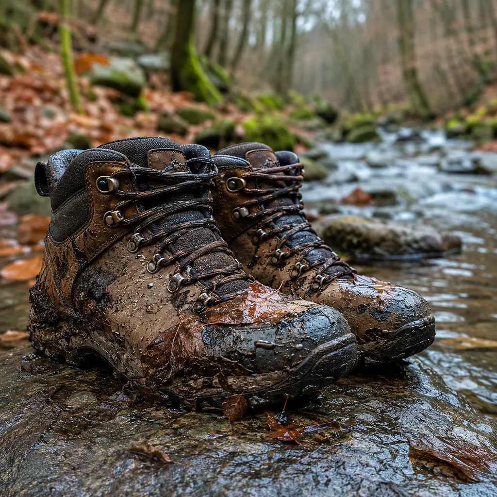 Testing the best hiking boots on a wet rock at the edge of an autumn creek