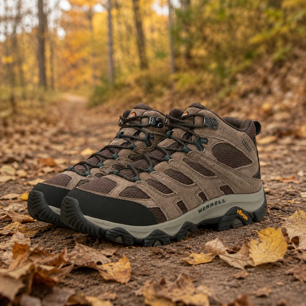 Merrell Moab 3 Mid waterproof hiking boots on packed dirt on an autumn forest trail