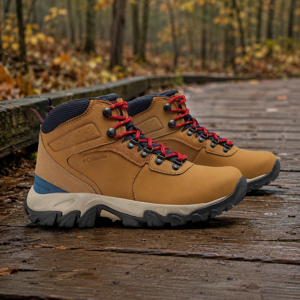 Columbia Newton Ridge Plus II boots on a damp wooden boardwalk through autumn woods