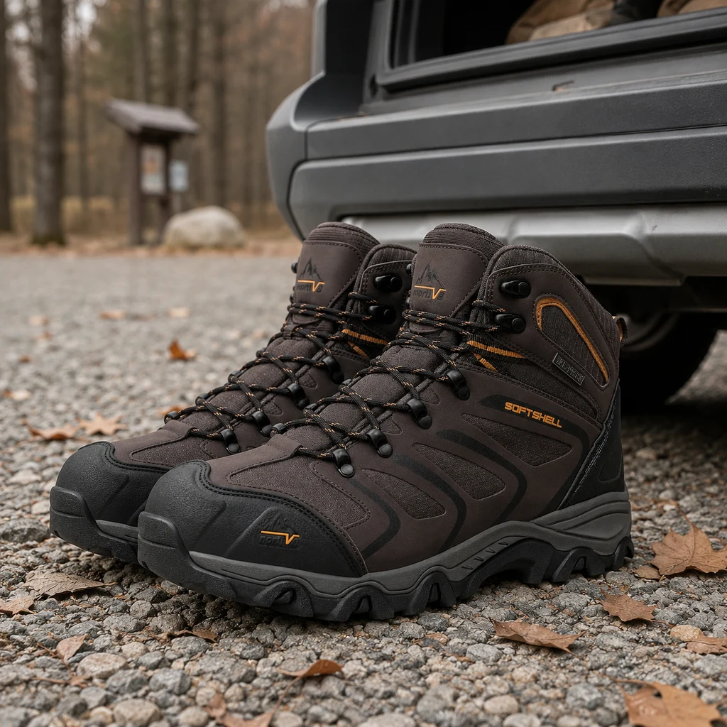 NORTIV 8 waterproof hiking boots on gravel at a trailhead beside a car tailgate