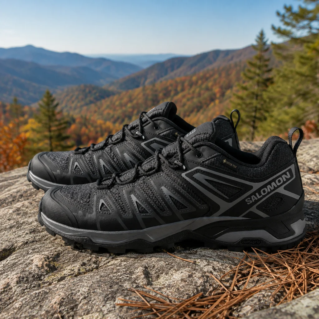 Salomon X Ultra Pioneer Mid boots on a rock outcrop above a valley on a clear morning