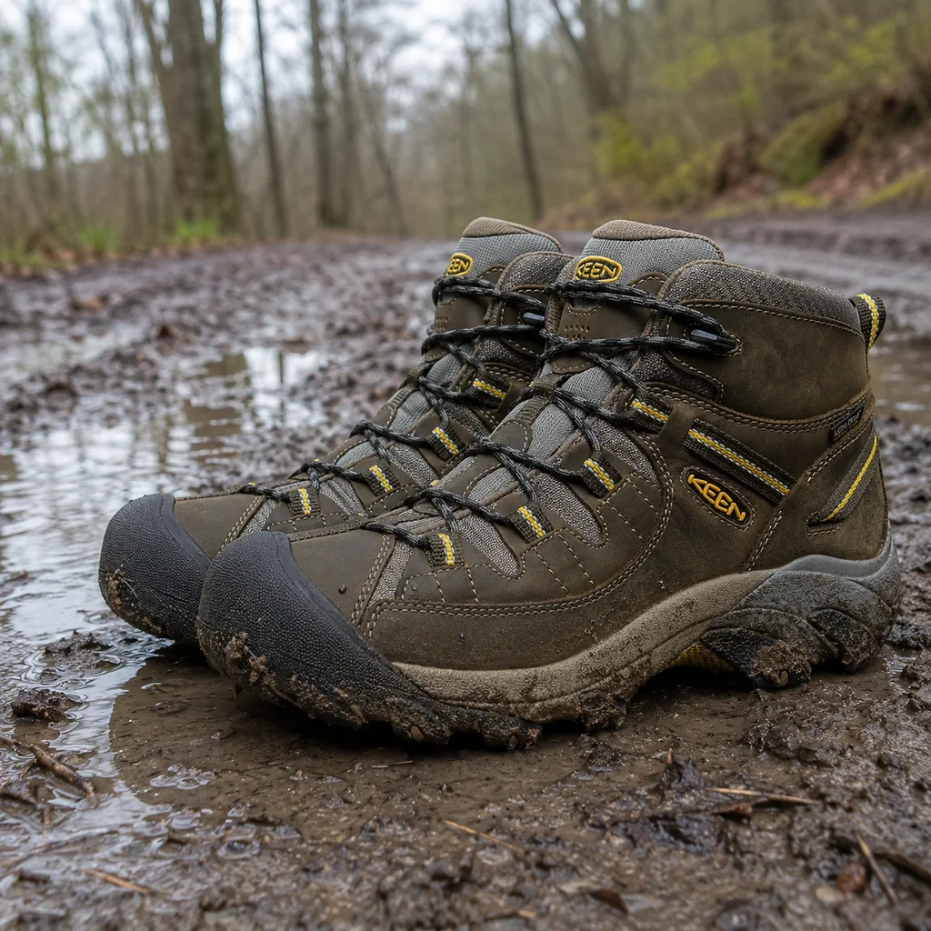 KEEN Targhee mid waterproof boots standing in churned mud beside a forest track puddle