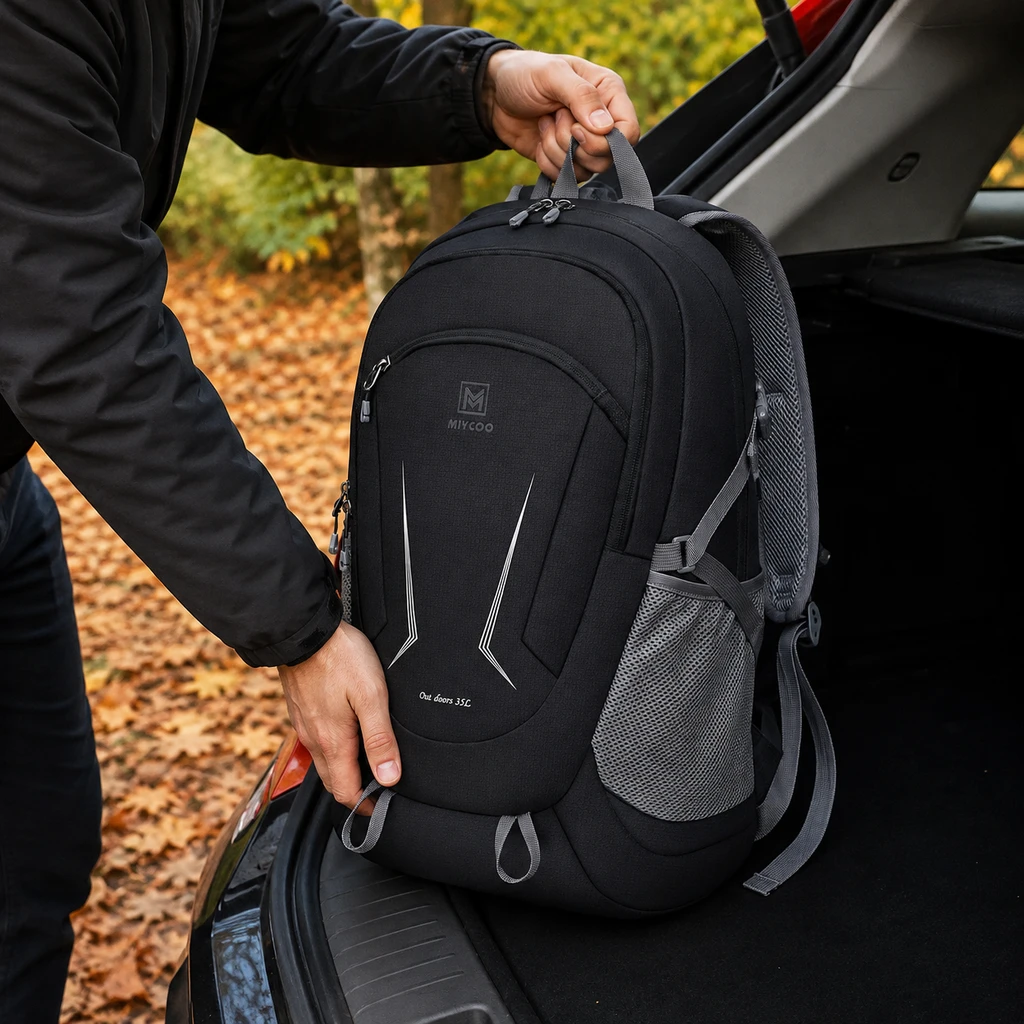MIYCOO packable 35L daypack lifted out of a car boot at a trailhead