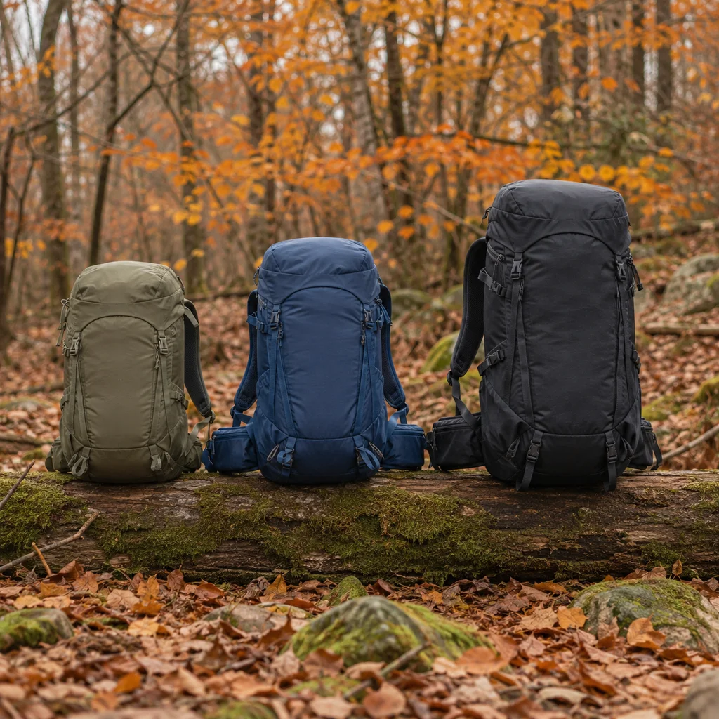 Three hiking daypacks of different sizes lined up on a mossy log