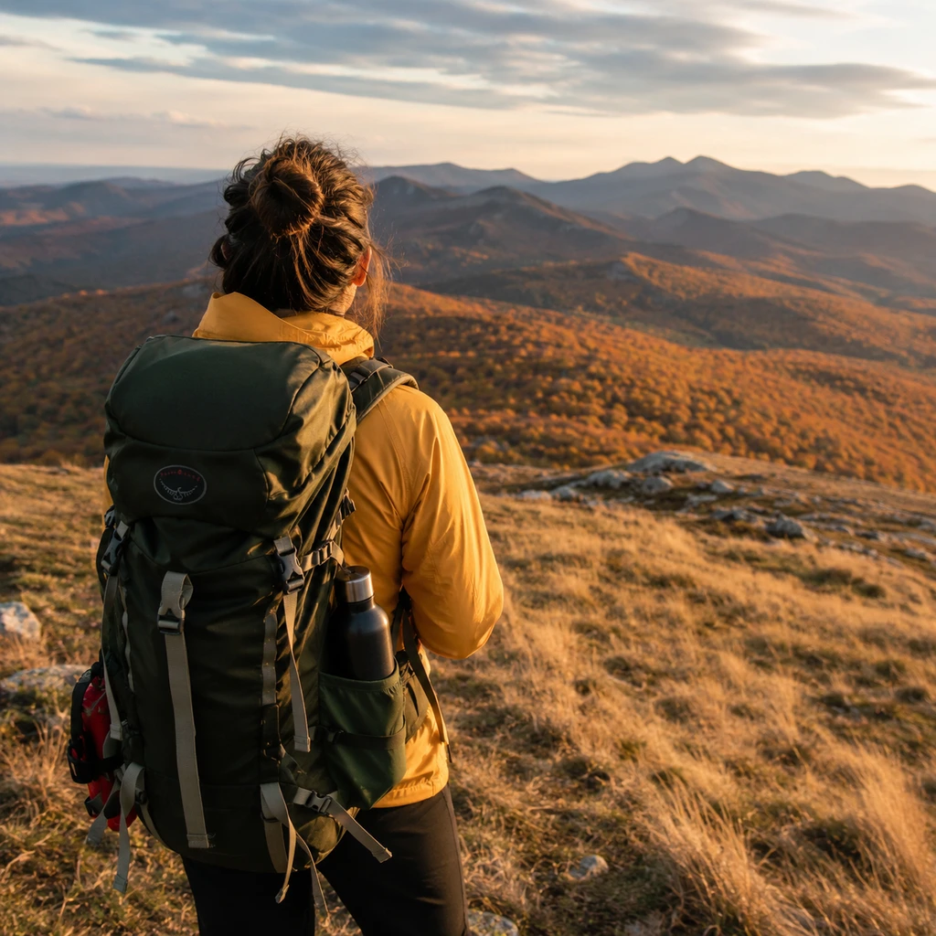 Hiker with a loaded daypack on an autumn ridge at golden hour