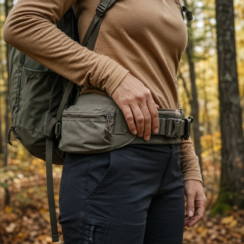 Padded hipbelt buckled across the hips under a loaded hiking daypack