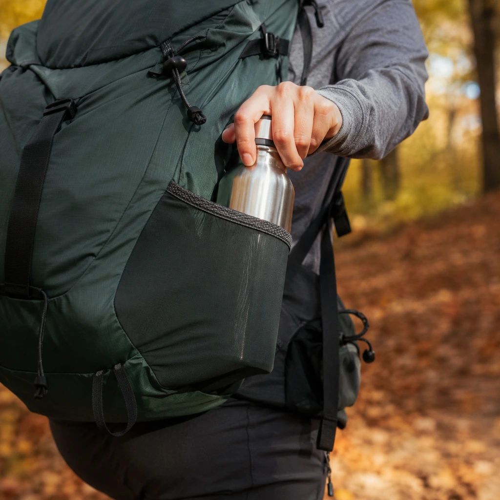 Hand pulling a water bottle from the side pocket of a hiking daypack