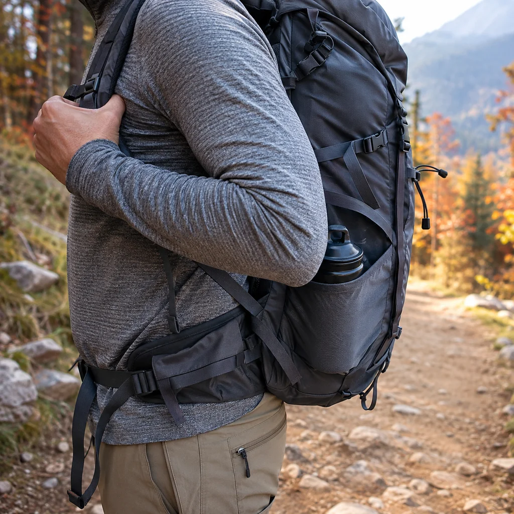 Adjusting the shoulder strap of one of the best hiking daypacks on a fall trail