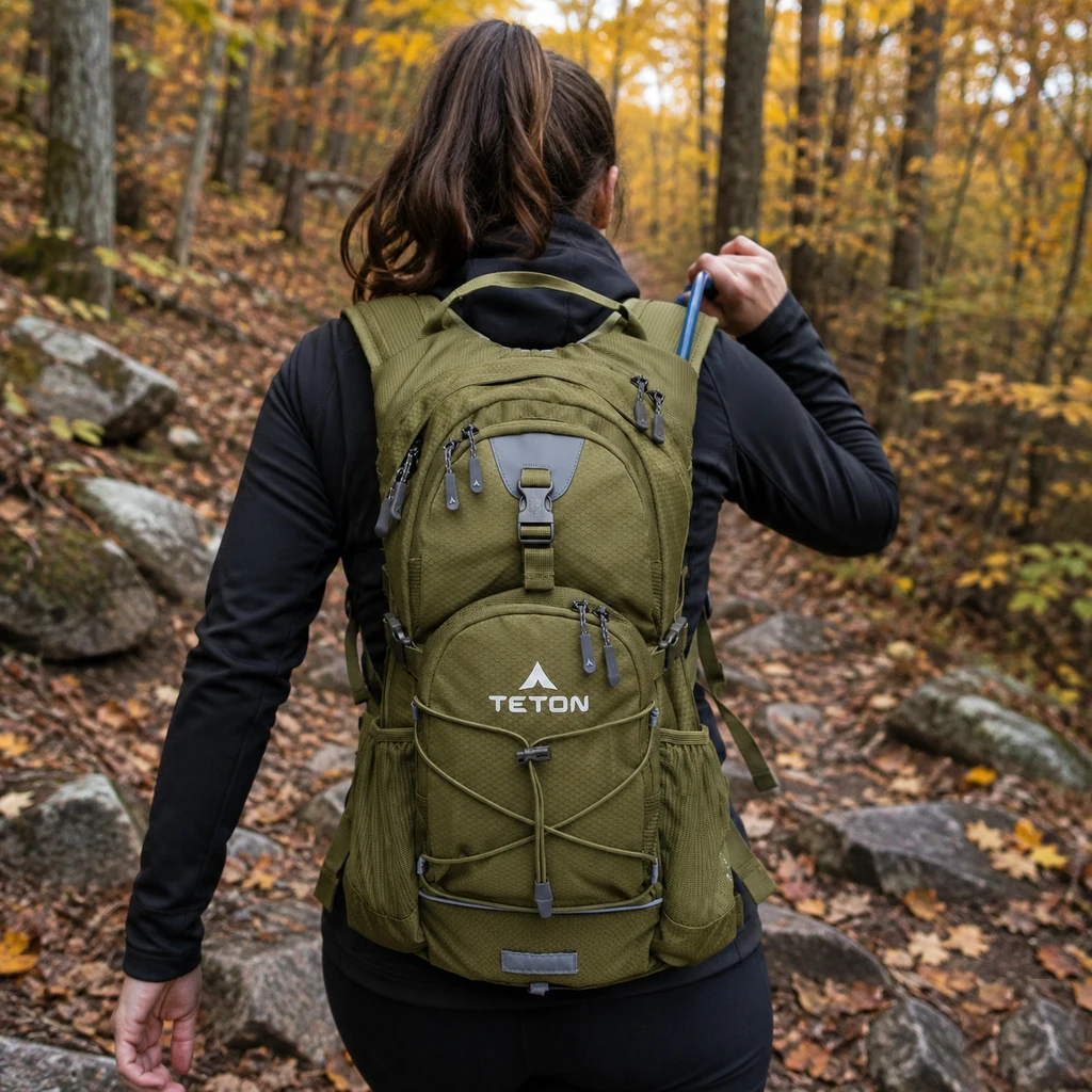 Teton Oasis hydration pack with the drinking hose clipped to a shoulder strap