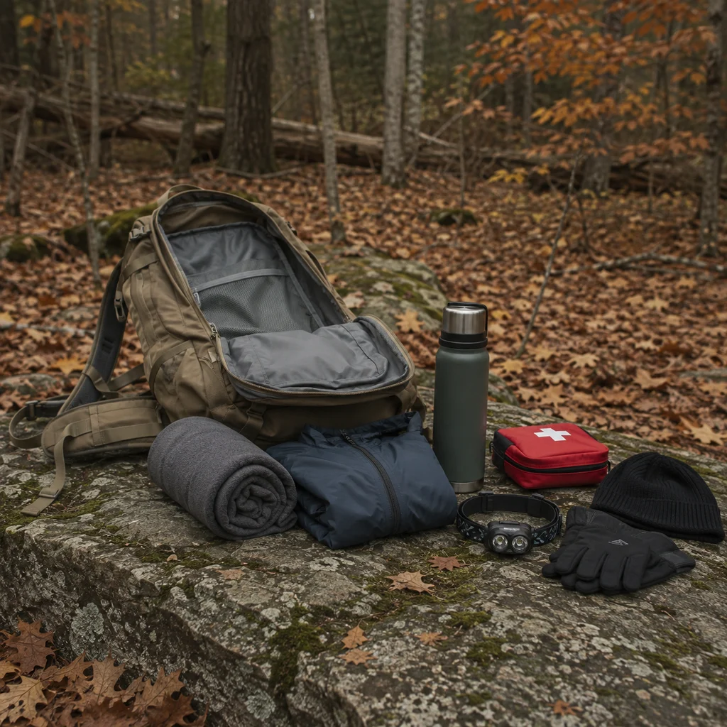 Daypack open on a rock with fleece, flask, headlamp and gloves laid out