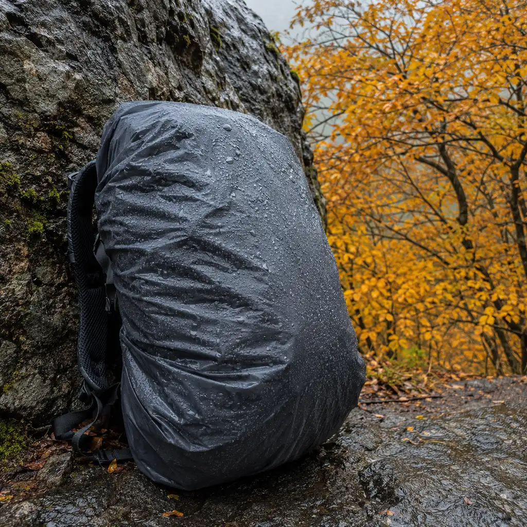 Hiking daypack with a waterproof rain cover fitted in autumn drizzle