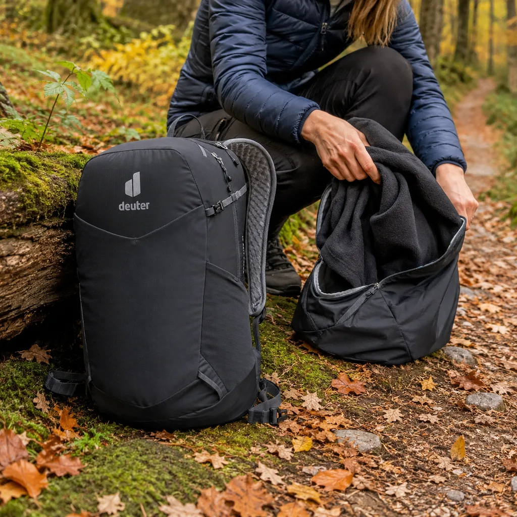 Deuter Speed Lite 21 daypack resting against a mossy log on a fall trail